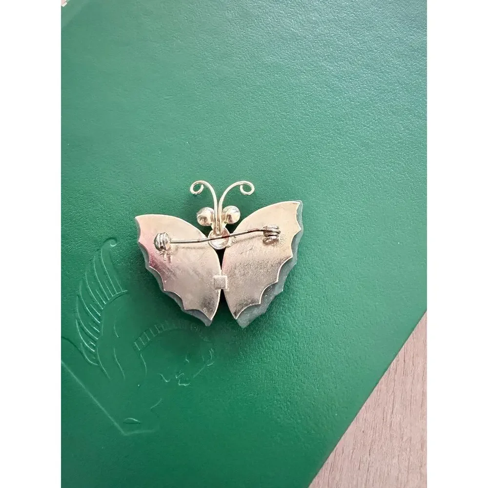 Vintage Nephrite Jade Butterfly Brooch Pendant with Red Beads & Gold Tone